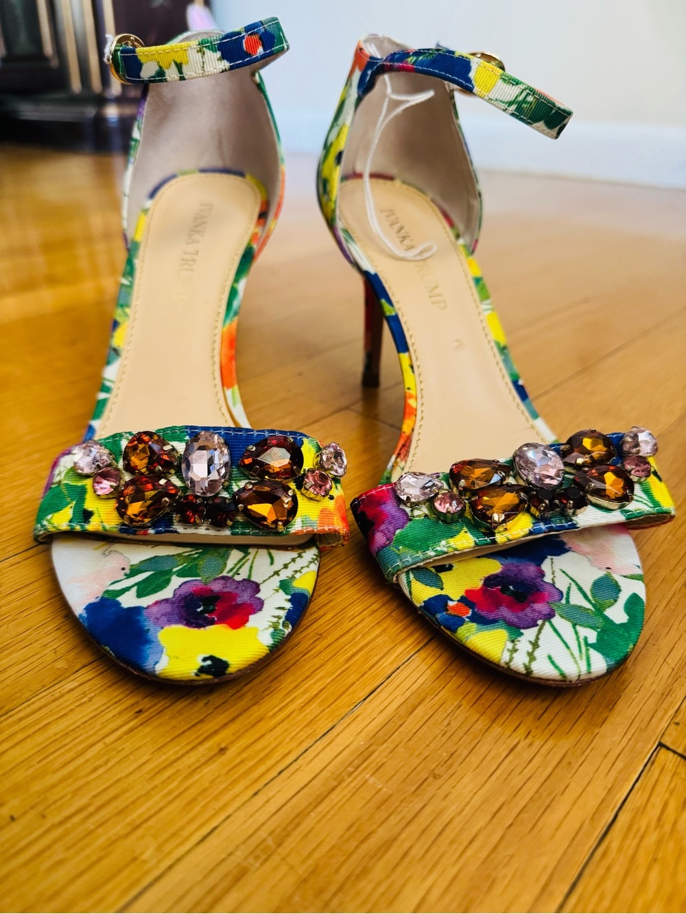 Ivanka Trump Floral Jeweled Open-Toe Heels - Yellow Blue Green Multicolor